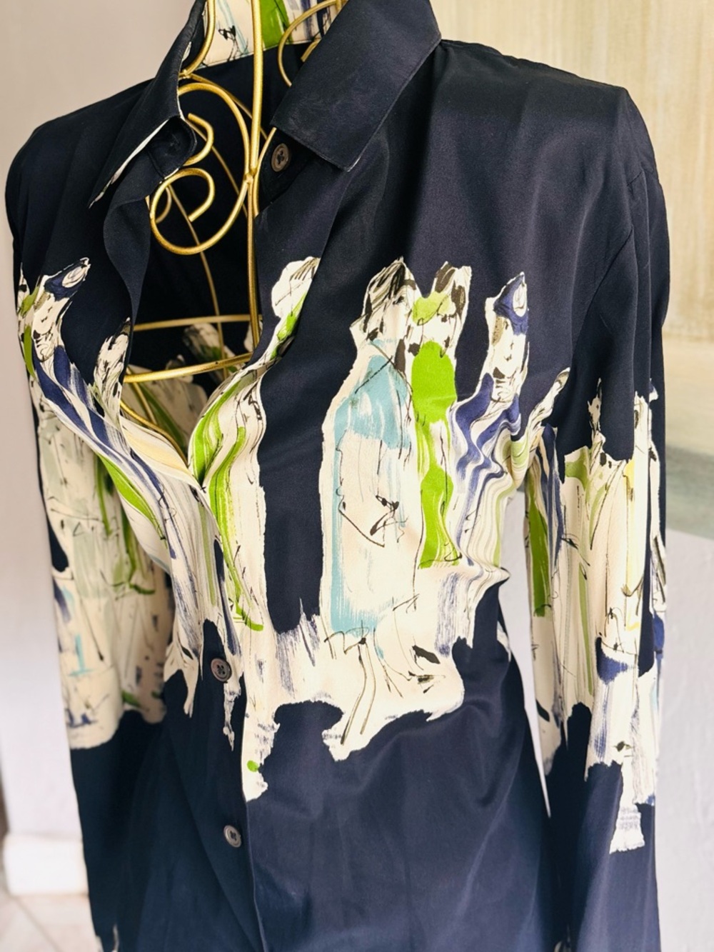 Linda Allard Ellen Tracy Silk Blouse Size 10 Abstract Print Navy Green - Picture 5 of 8